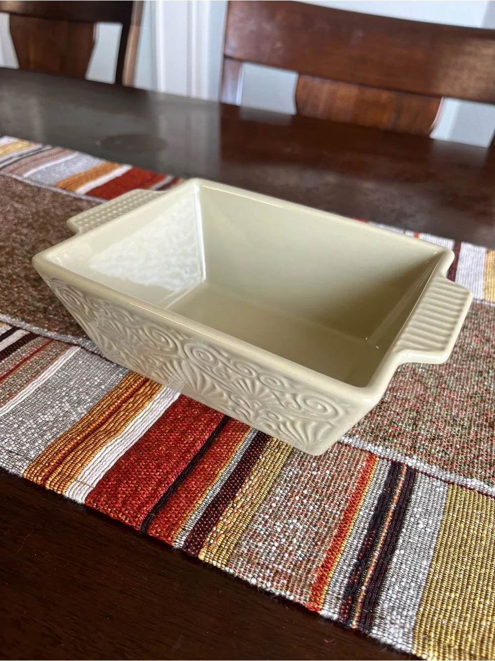 Fabulous Home Ceramic Serving Dish in Cream with Embossed Pattern